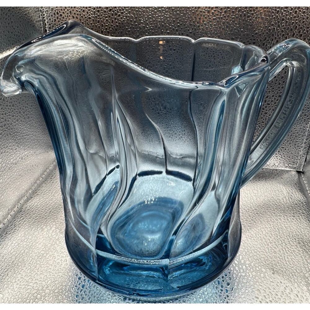 Vintage Fostoria Jamestown Blue Glass Pitcher Swirl Ice Lip Water Jug